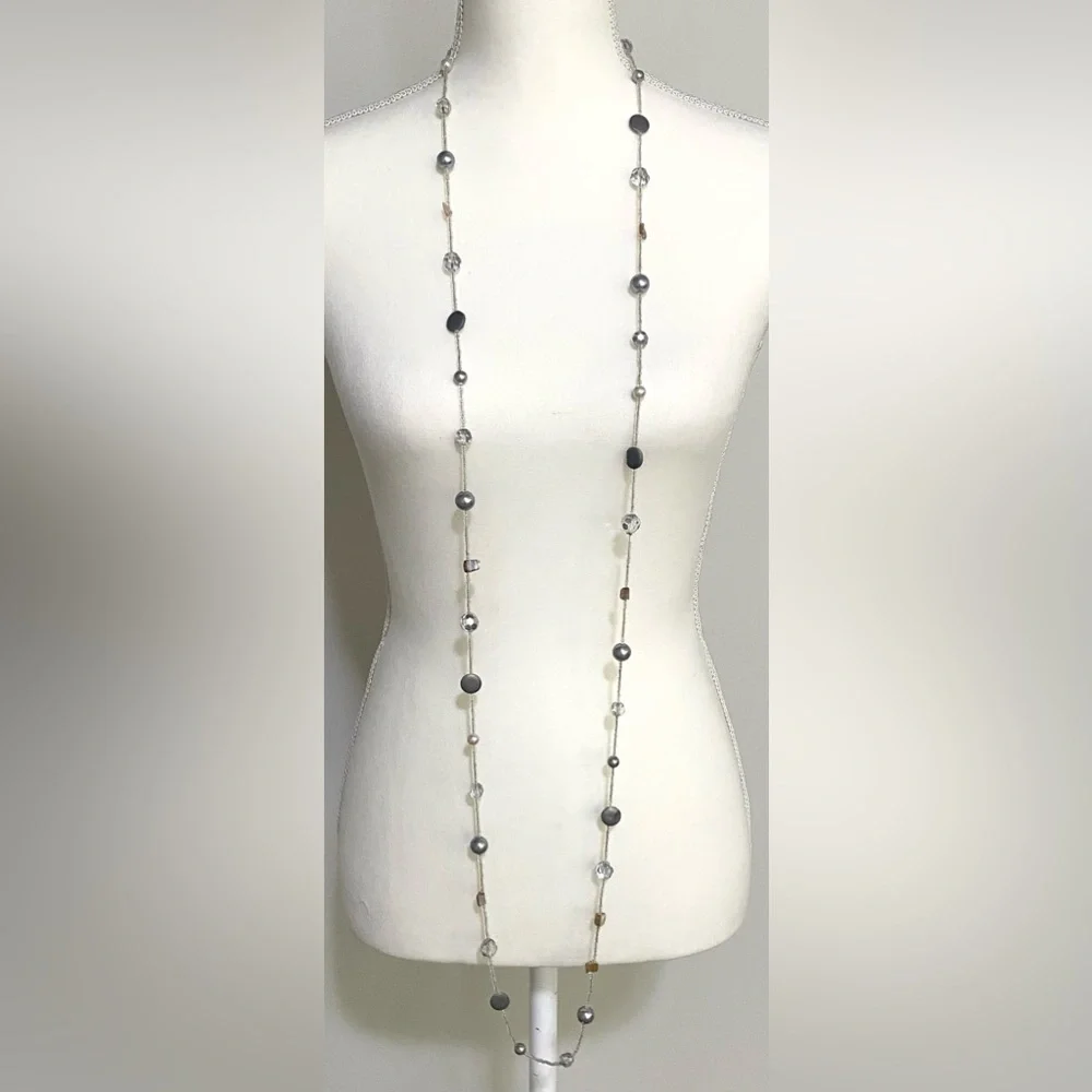 Long Wrap Crystal Clear Gray Pearl Beaded Necklace Boho Eclectic Feminine